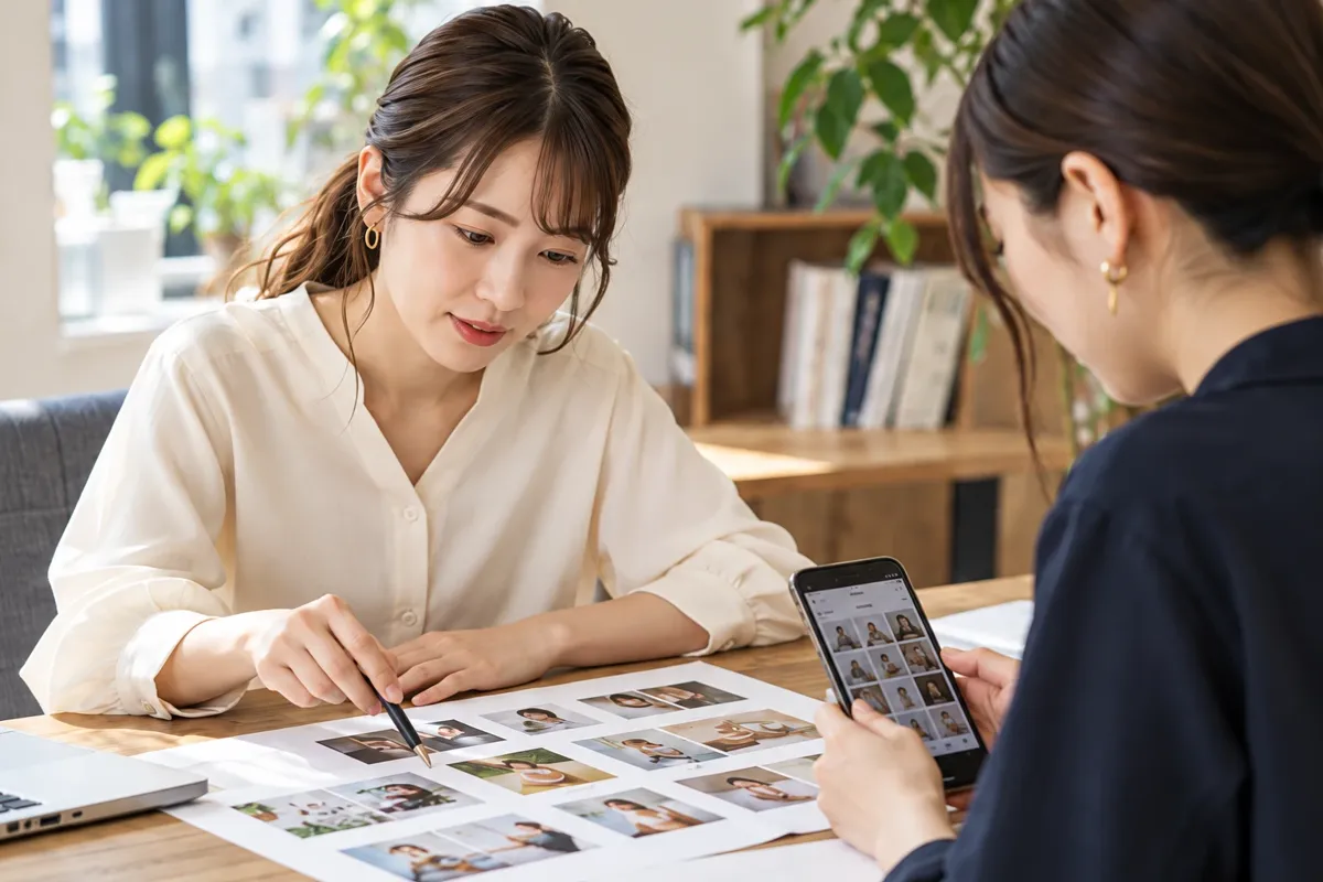 SNS投稿用の写真素材とスマートフォンを確認する打ち合わせのイメージ